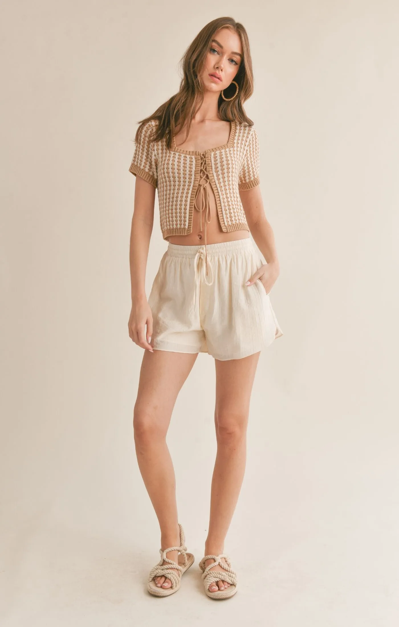 Amore Lace Up Front Crop Sweater | Ivory & Taupe
