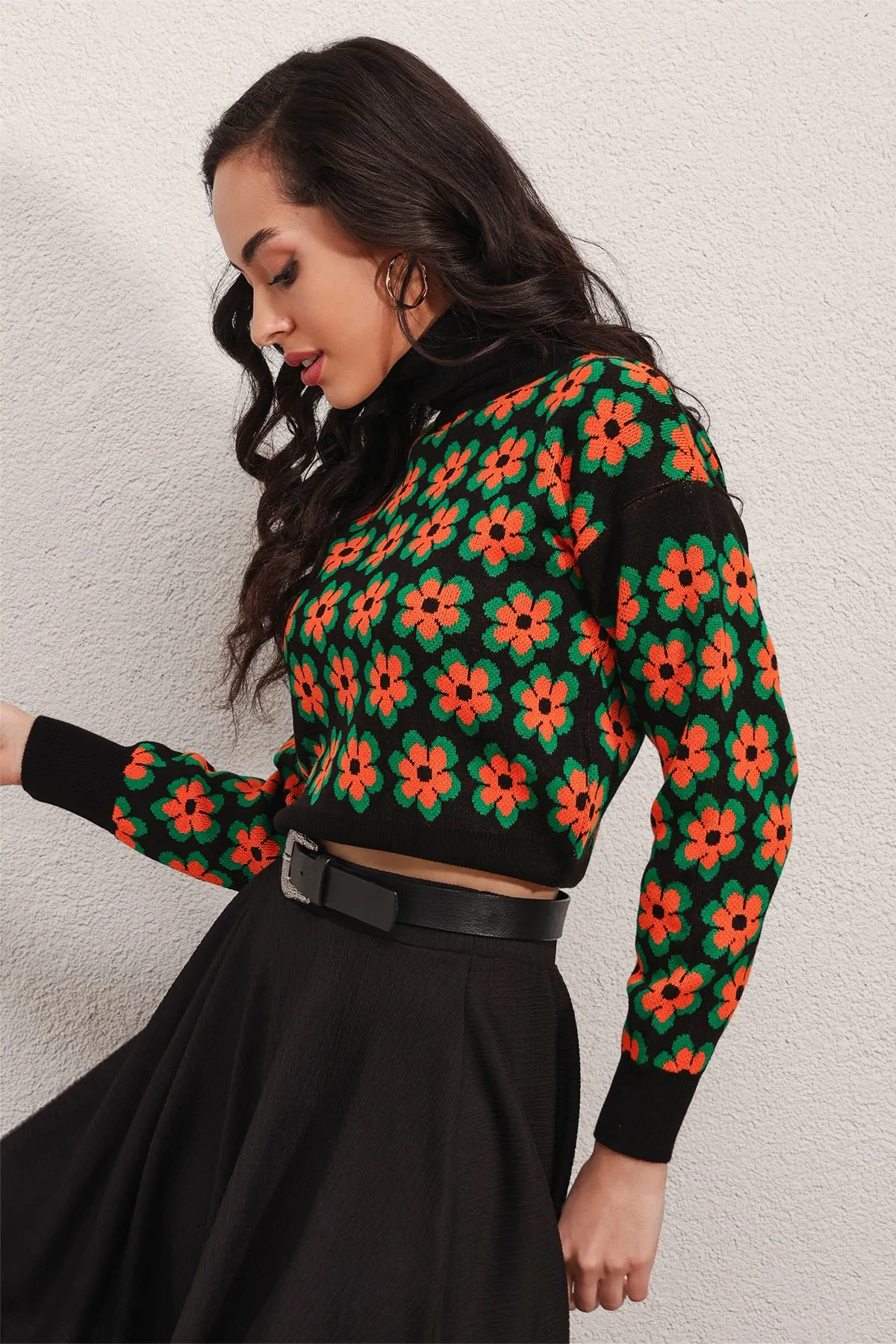 BGD Women Mock Neck Patterned Crop Sweater - Orange - Avondale