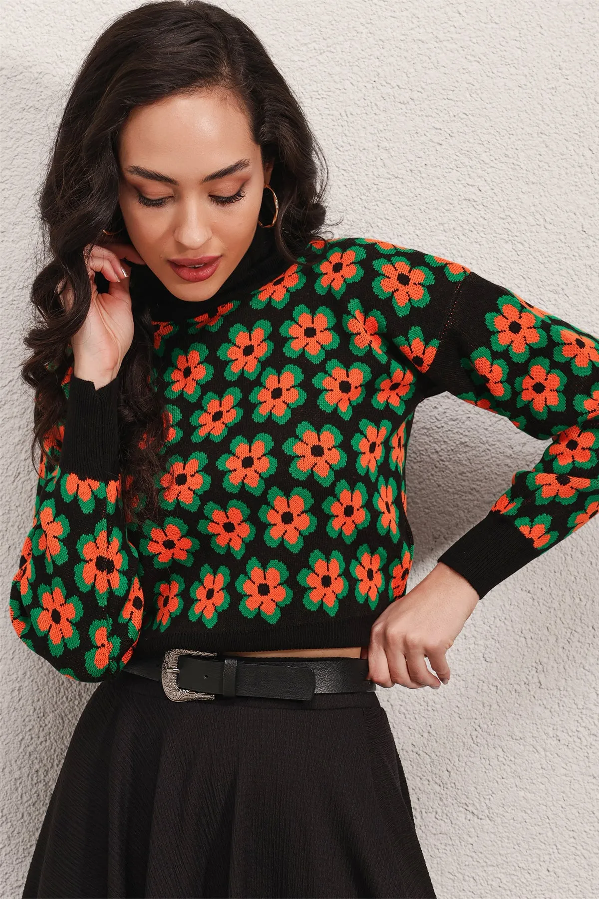 BGD Women Mock Neck Patterned Crop Sweater - Orange - Avondale