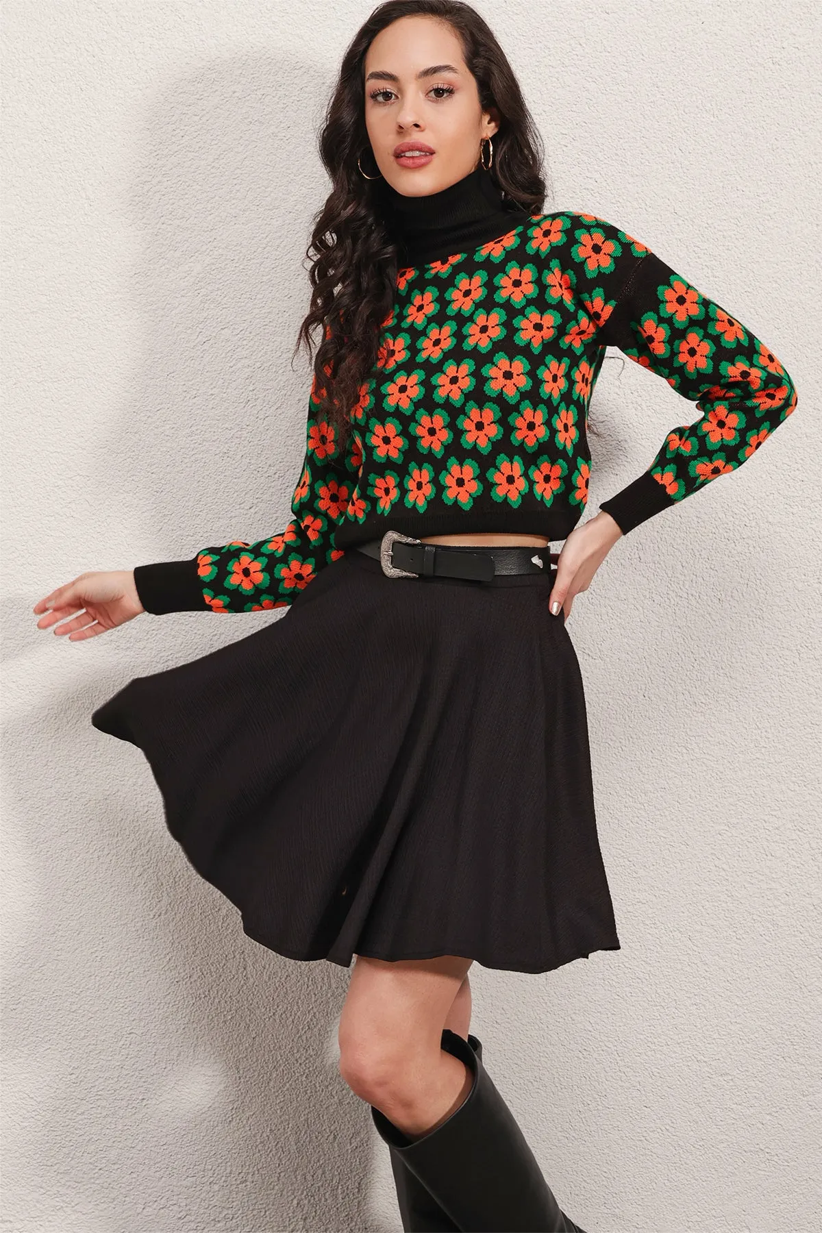 BGD Women Mock Neck Patterned Crop Sweater - Orange - Avondale