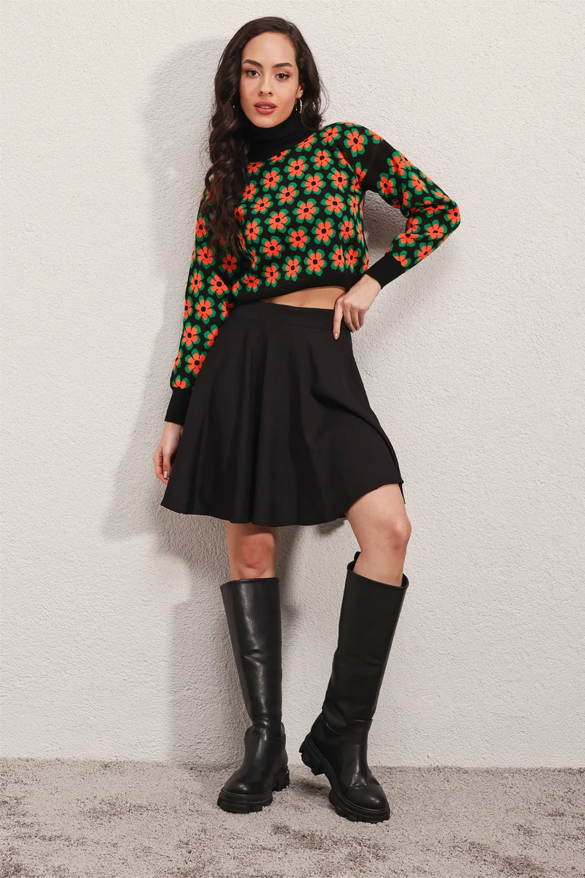 BGD Women Mock Neck Patterned Crop Sweater - Orange - Avondale