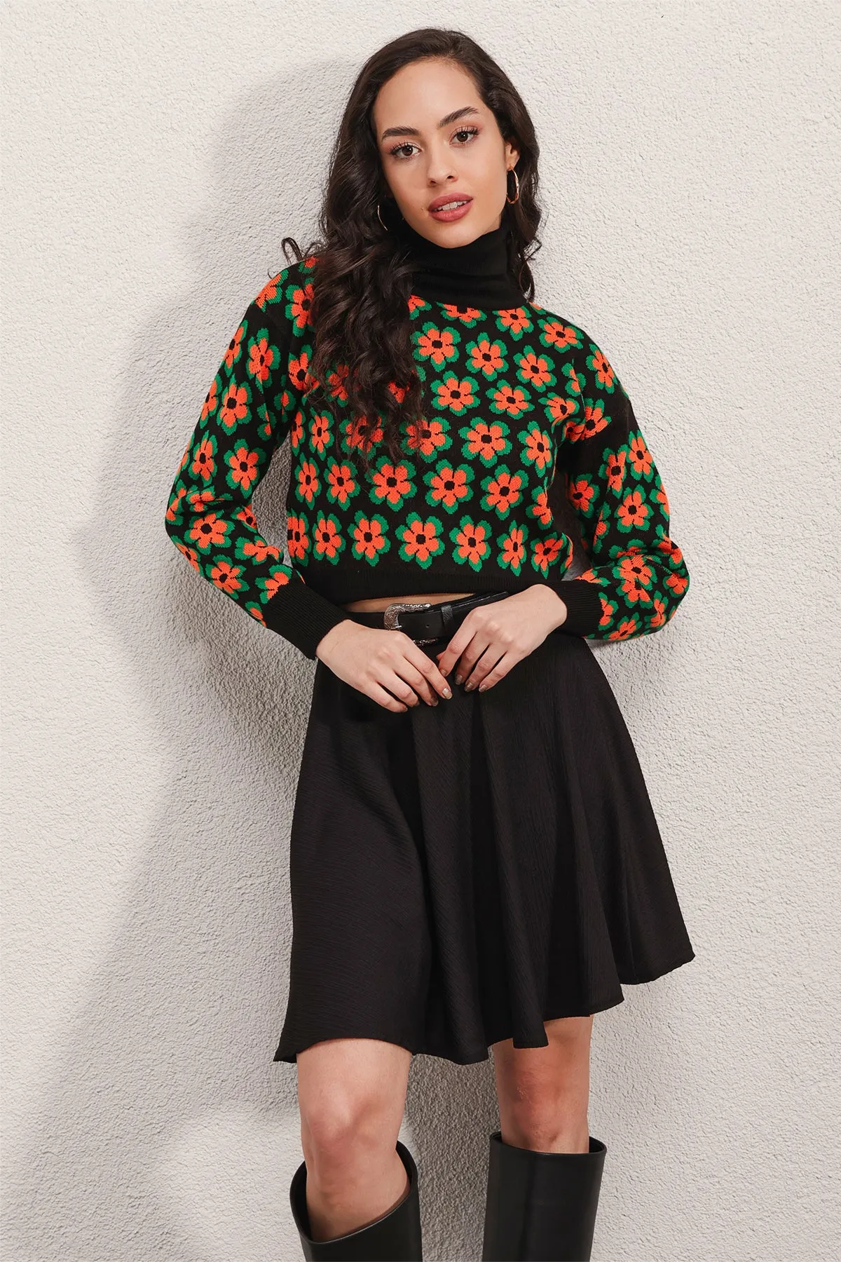 BGD Women Mock Neck Patterned Crop Sweater - Orange - Avondale