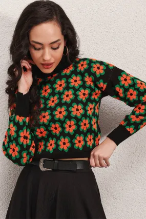 BGD Women Mock Neck Patterned Crop Sweater - Orange - Avondale