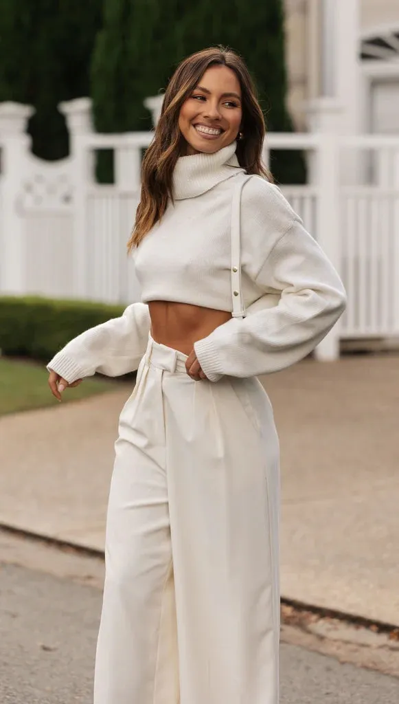 Cream Turtleneck Knit Crop Sweater