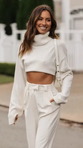 Cream Turtleneck Knit Crop Sweater