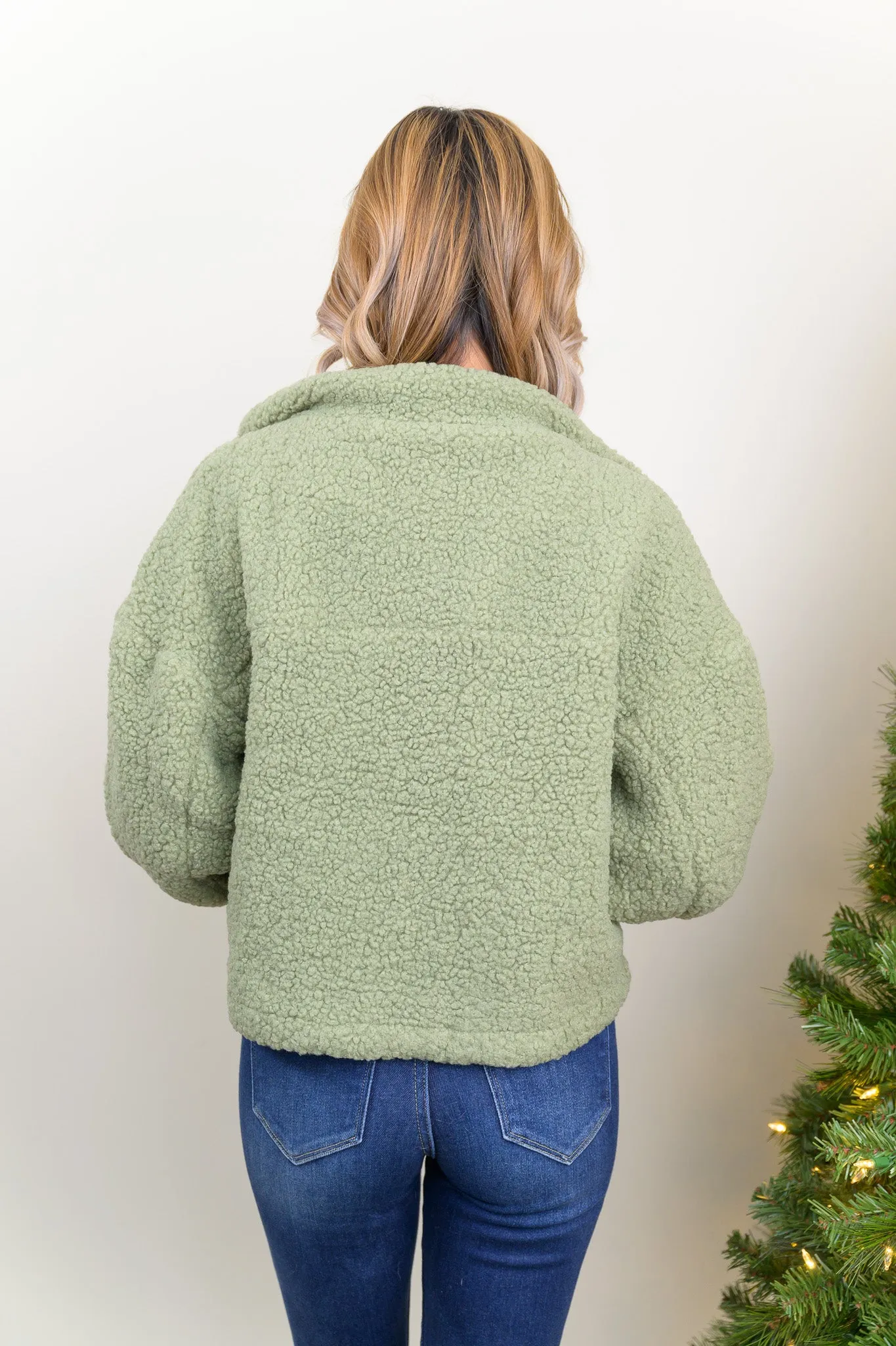 Feeling Just Right Corduroy Pocket Detailed Teddy Jacket (Sage)