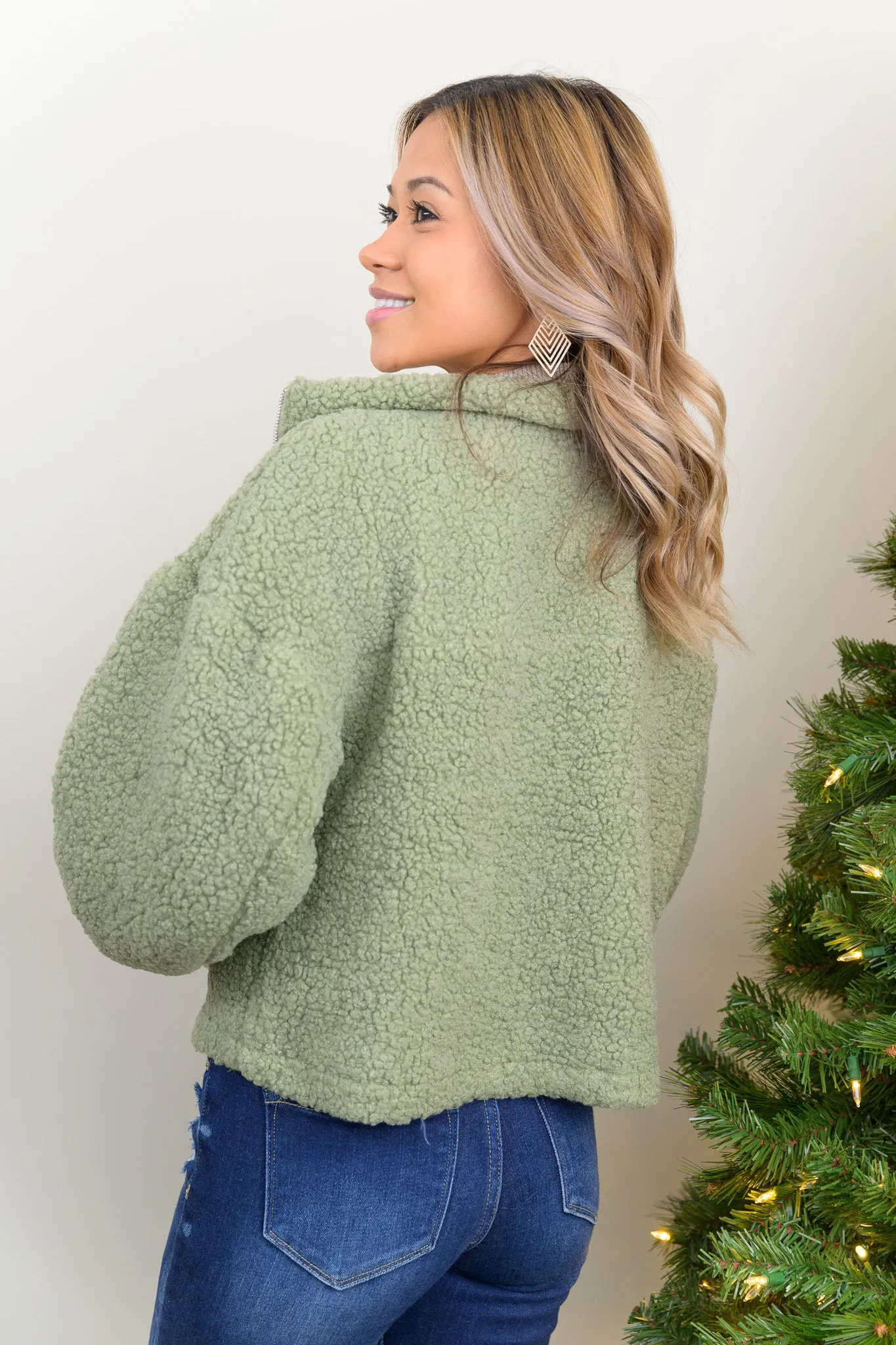 Feeling Just Right Corduroy Pocket Detailed Teddy Jacket (Sage)