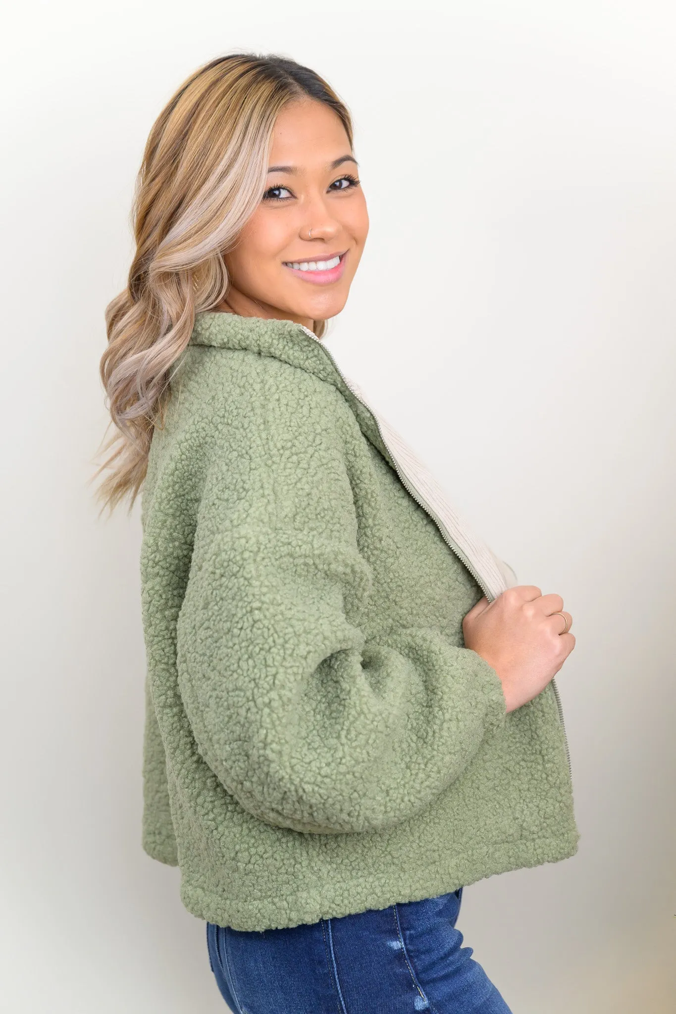 Feeling Just Right Corduroy Pocket Detailed Teddy Jacket (Sage)