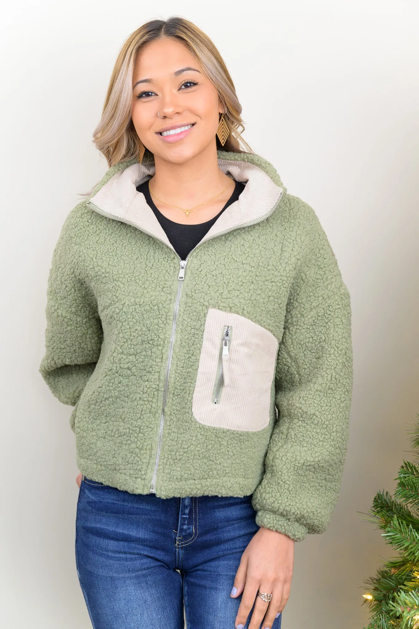 Feeling Just Right Corduroy Pocket Detailed Teddy Jacket (Sage)