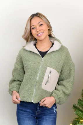 Feeling Just Right Corduroy Pocket Detailed Teddy Jacket (Sage)