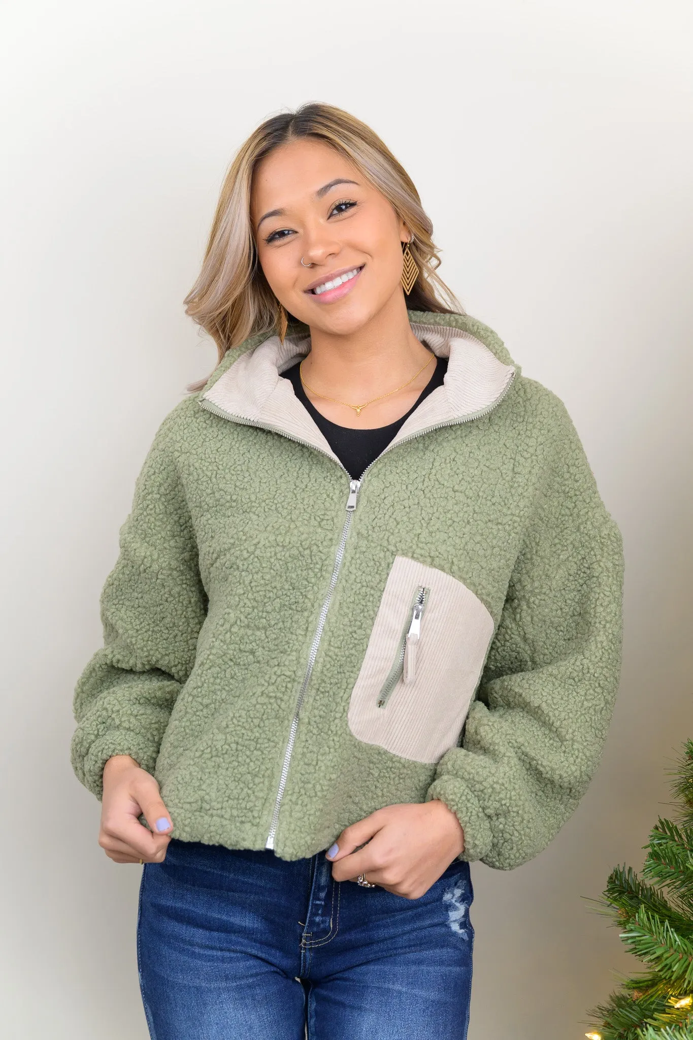 Feeling Just Right Corduroy Pocket Detailed Teddy Jacket (Sage)
