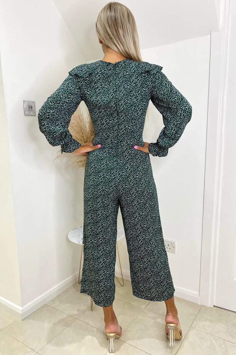 Forest Green Printed Frill Front Tie Jumpsuit