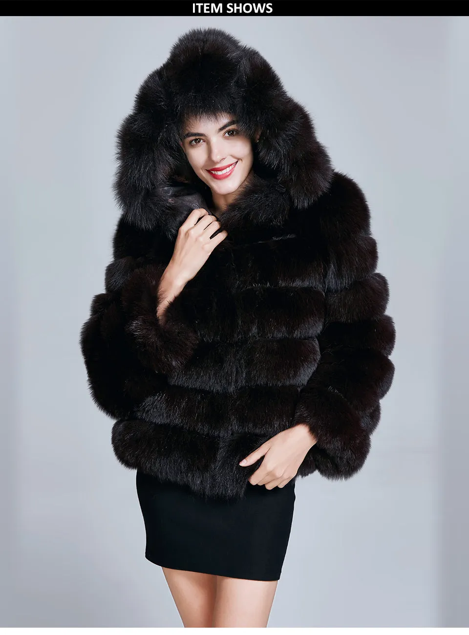 Hooded Natural Blue Fox Fur Thick Coat