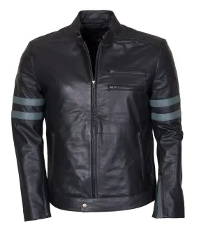 Men's Black Grey Stripes Genuine Leather Biker Jacket with Side Zip Pockets
