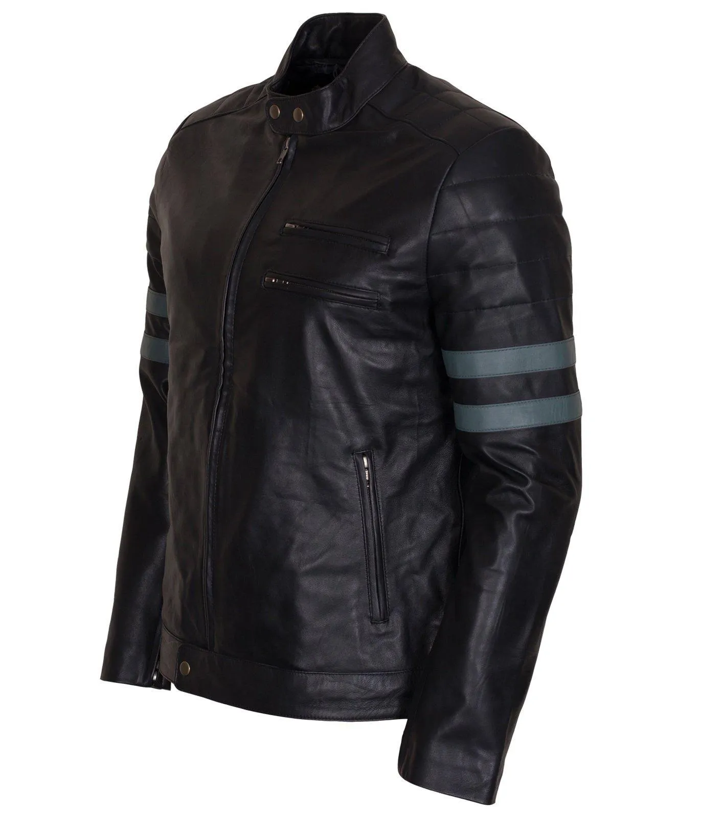 Men's Black Grey Stripes Genuine Leather Biker Jacket with Side Zip Pockets