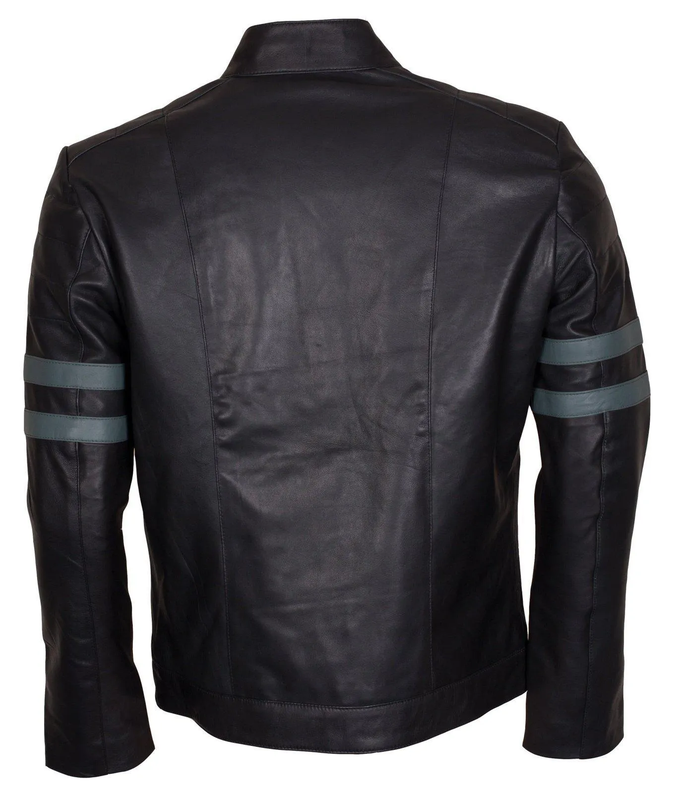 Men's Black Grey Stripes Genuine Leather Biker Jacket with Side Zip Pockets