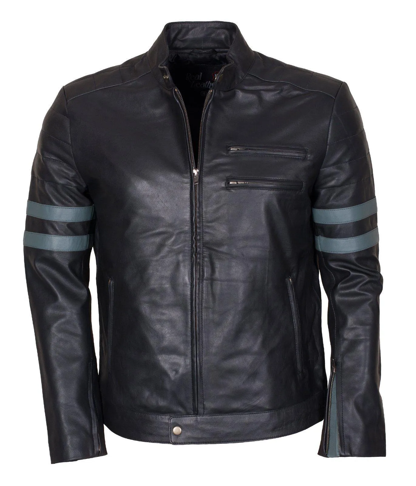 Men's Black Grey Stripes Genuine Leather Biker Jacket with Side Zip Pockets