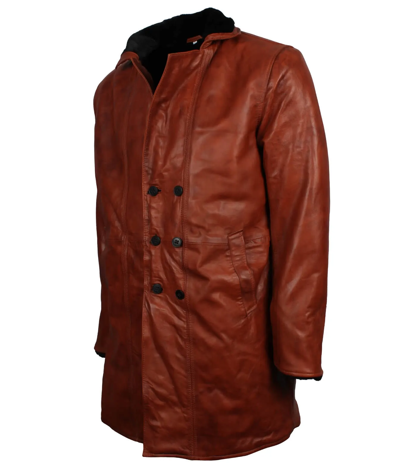 Men’s Vintage Brown Leather Shearling Coat with Button Front