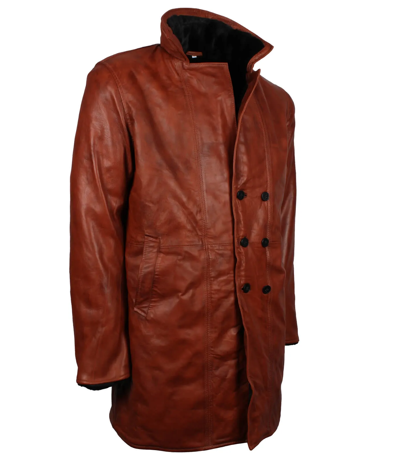 Men’s Vintage Brown Leather Shearling Coat with Button Front