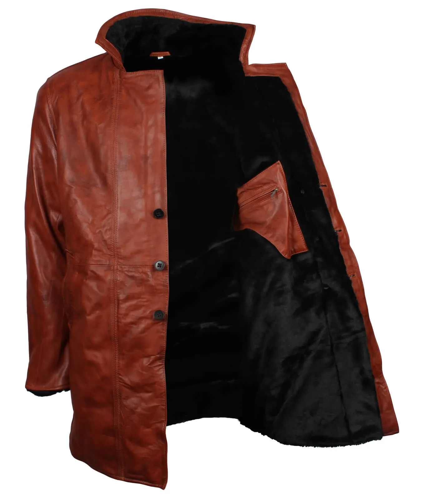 Men’s Vintage Brown Leather Shearling Coat with Button Front