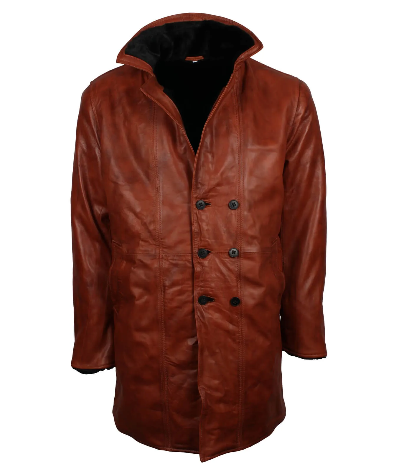 Men’s Vintage Brown Leather Shearling Coat with Button Front