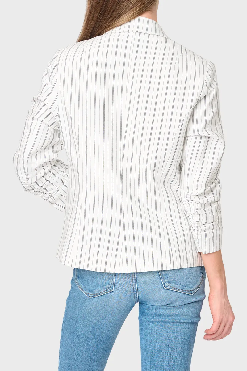 Notch Collar Pinstripe Linen Blazer with Rouched Sleeve