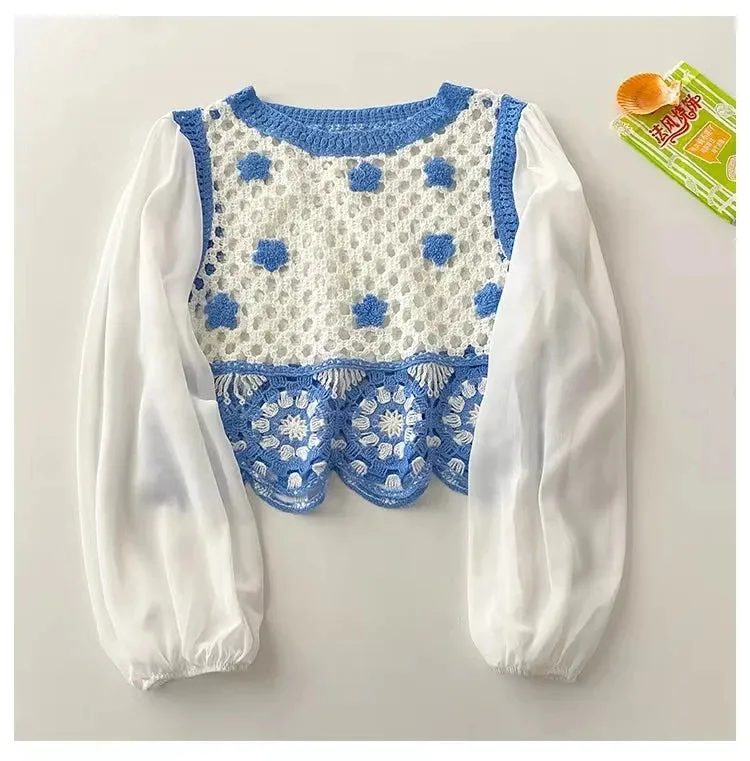 OUMEA Women Crochet Sleeveless Tanks Openwork Retro Tops  Korean Style Contrast Color Chic Knitting Tops Hot Girl Tops Ins