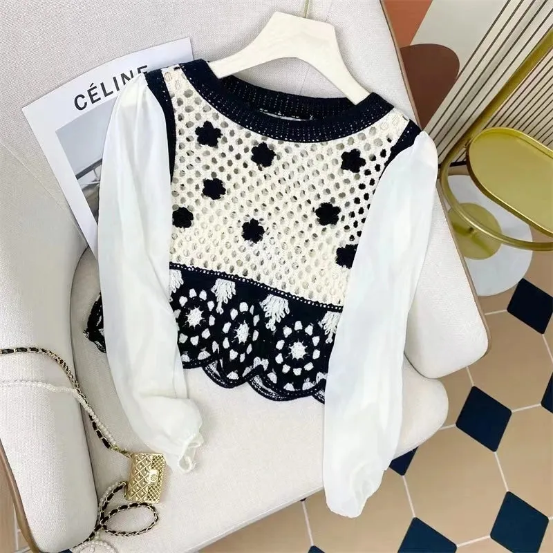 OUMEA Women Crochet Sleeveless Tanks Openwork Retro Tops  Korean Style Contrast Color Chic Knitting Tops Hot Girl Tops Ins