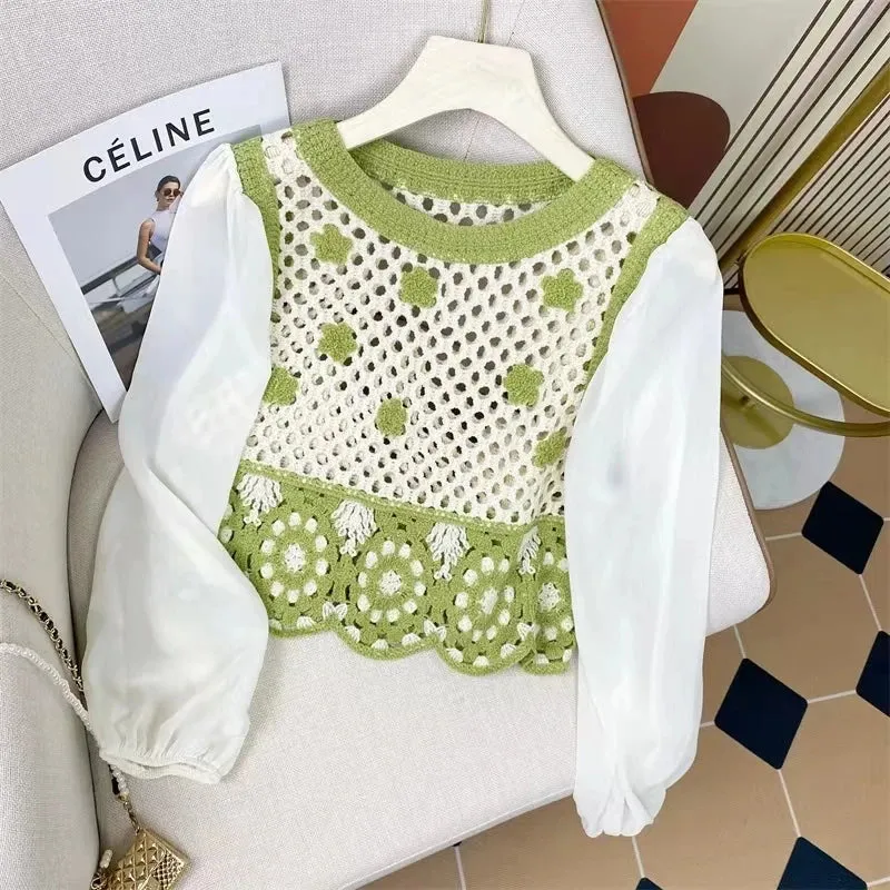 OUMEA Women Crochet Sleeveless Tanks Openwork Retro Tops  Korean Style Contrast Color Chic Knitting Tops Hot Girl Tops Ins