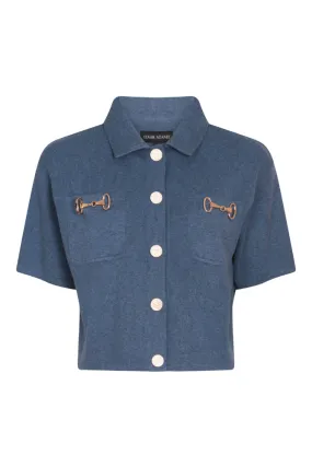 Short Sleeve Cardigan with Horsebit Detail in Denim Blue