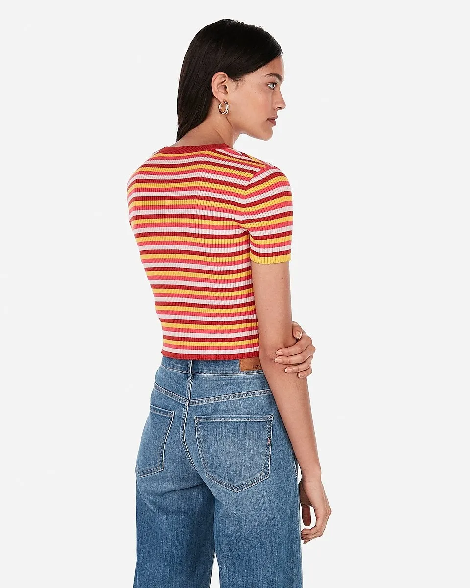 Striped Button Front Cropped Sweater Top in Red Stripe