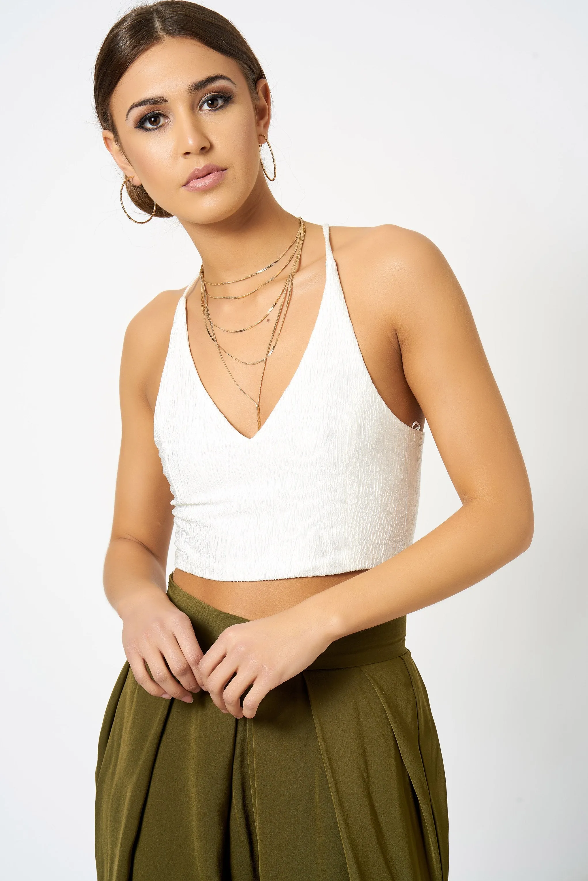 White Plunge Cross Back Crop Top