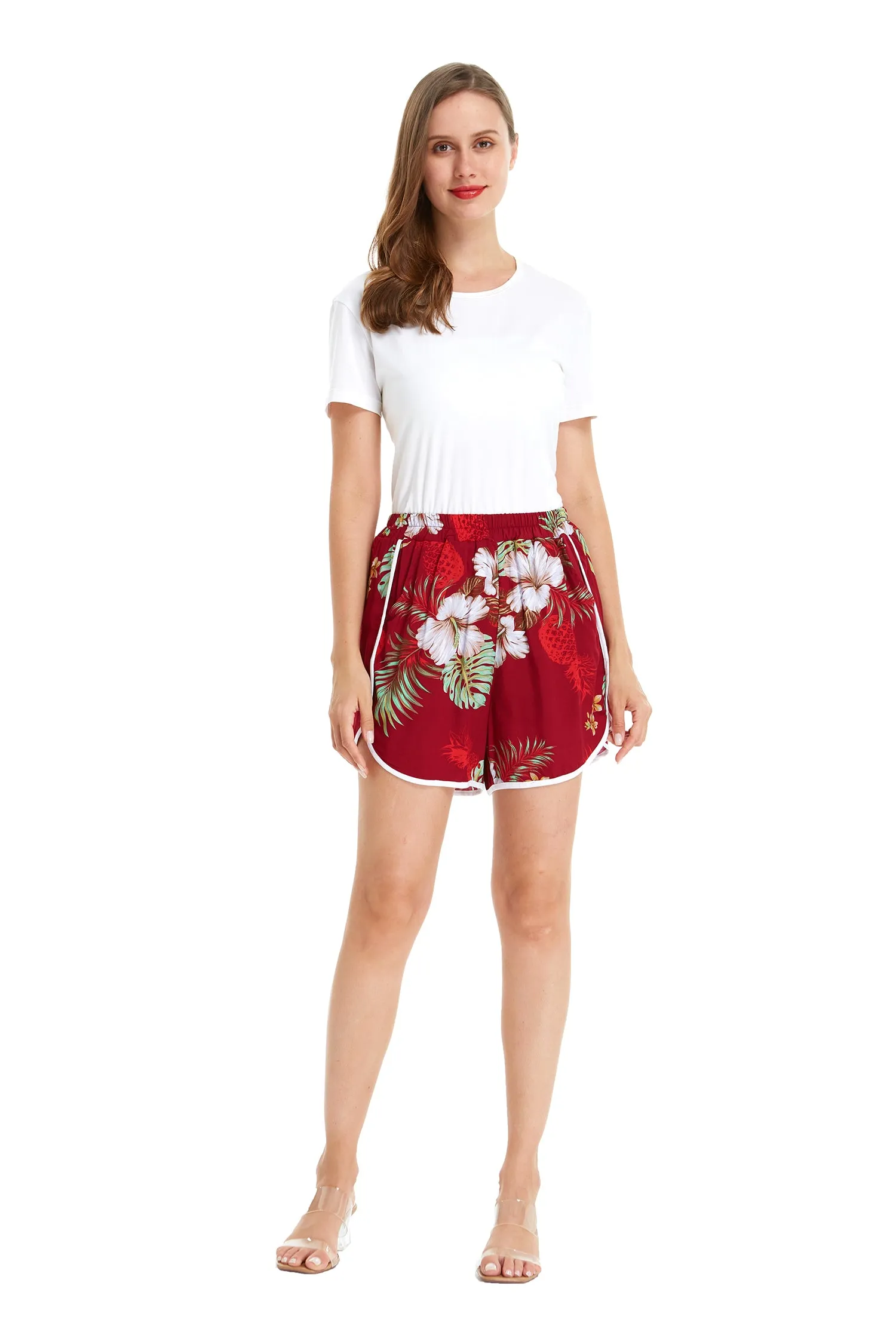 Women's Shorts with Elastic Band in Pineapple Garden Red